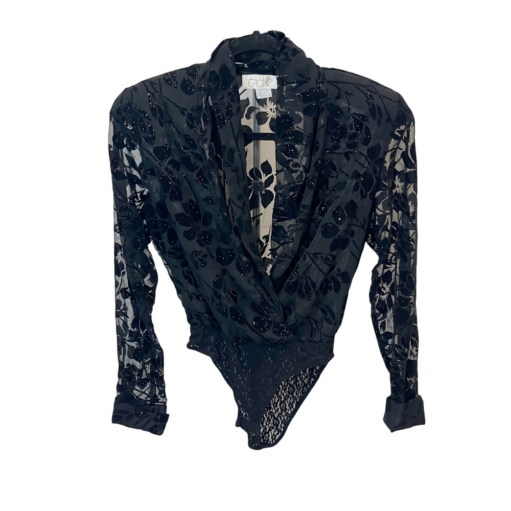 Vintage Cache 80s Black Floral Burnout Velvet Glitter Lace Bodysuit MEDIUM